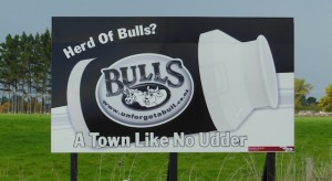A sign in the town of Bulls: A town like no udder.